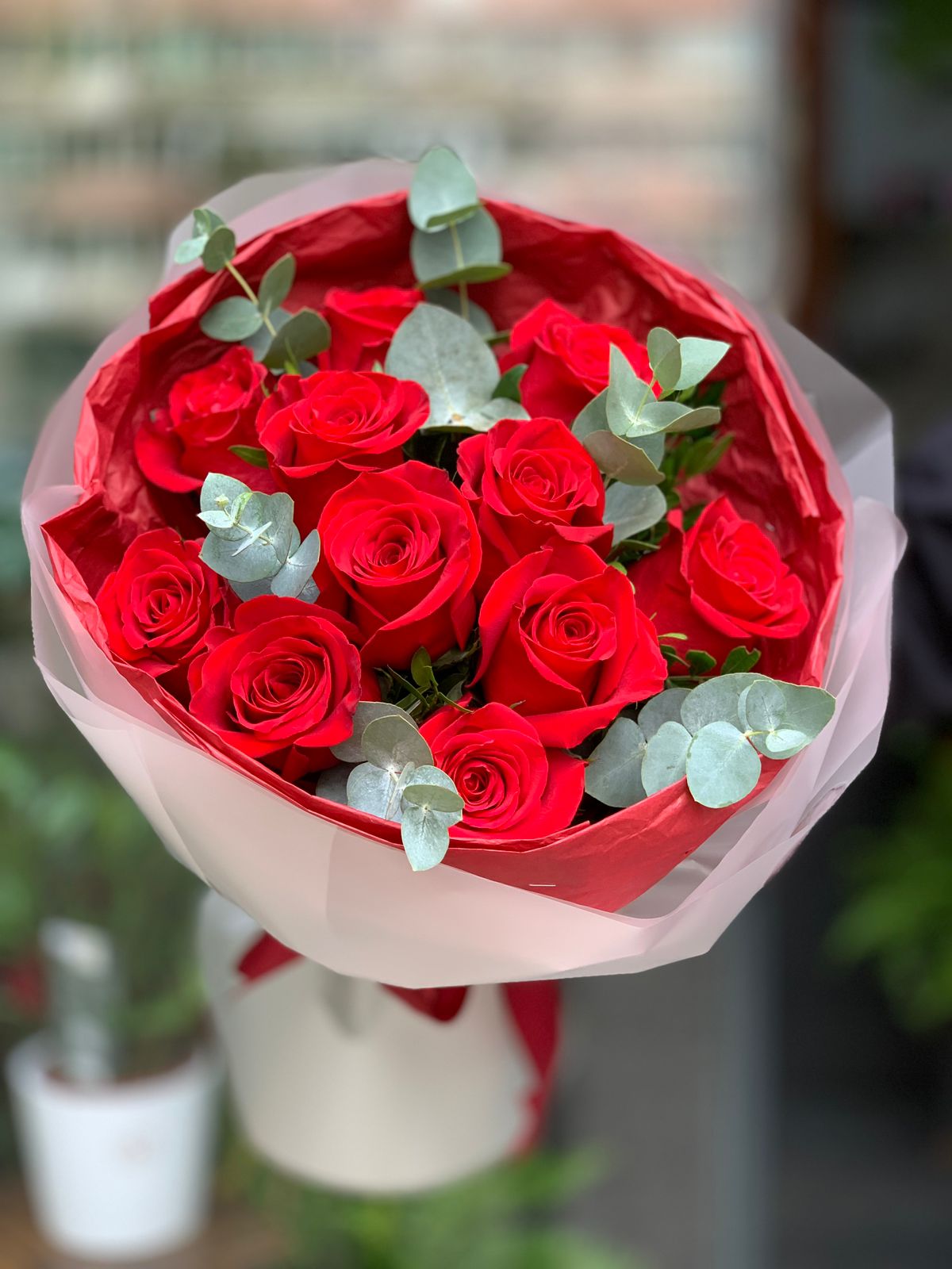 Buchet Trandafiri Rosii cu Eucalipt